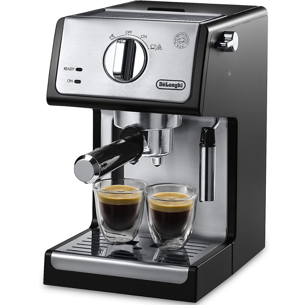 A De'Longhi EC155 espresso machine with a pressurized portafilter